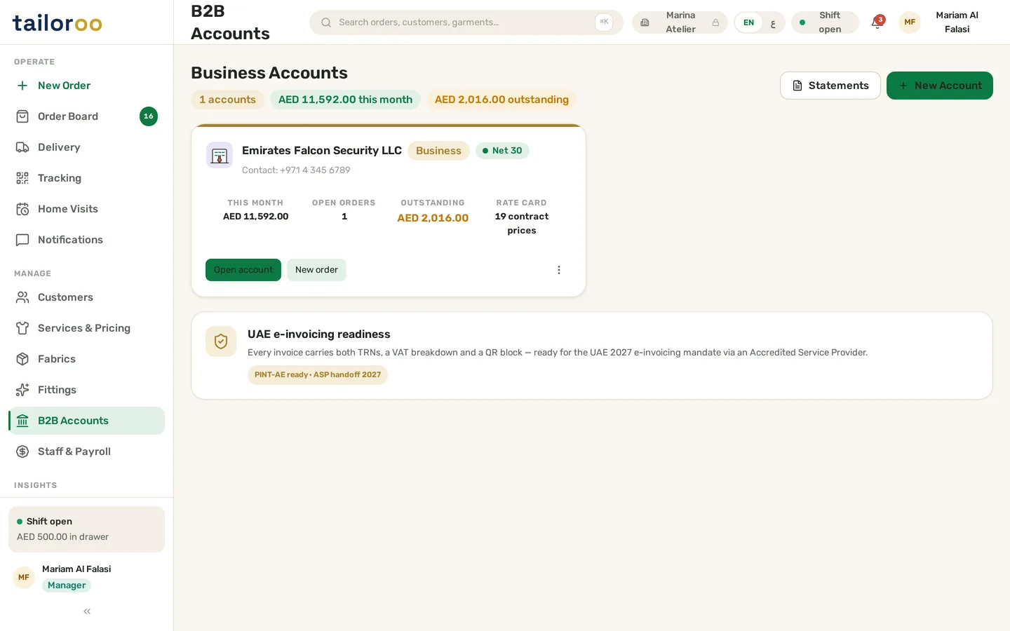 Tailoroo B2B corporate account screen showing a hotel uniform program with contract rate card, credit terms and consolidated monthly tax invoice