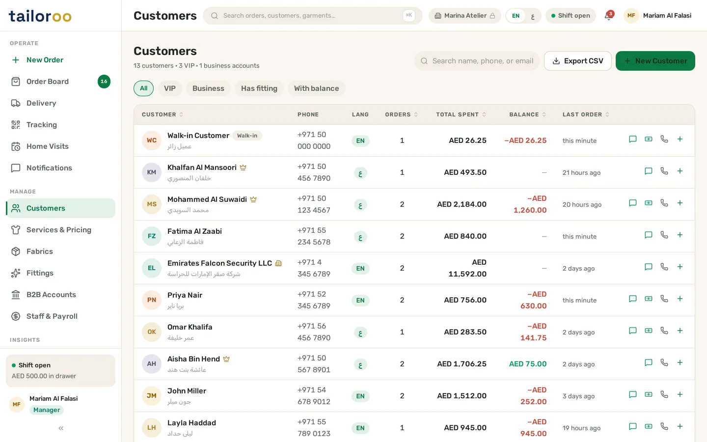 Tailoroo customers screen showing a customer profile with saved measurement profiles per garment type, order history and contact details