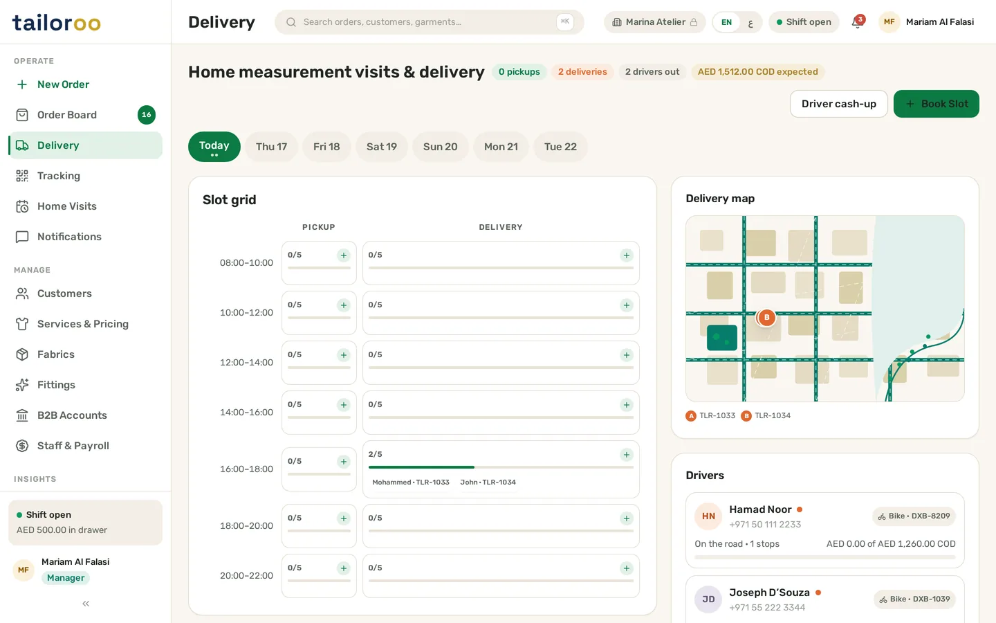 Tailoroo tailoring pickup and delivery software screen showing delivery slots, driver assignments and live delivery statuses for a UAE tailoring shop