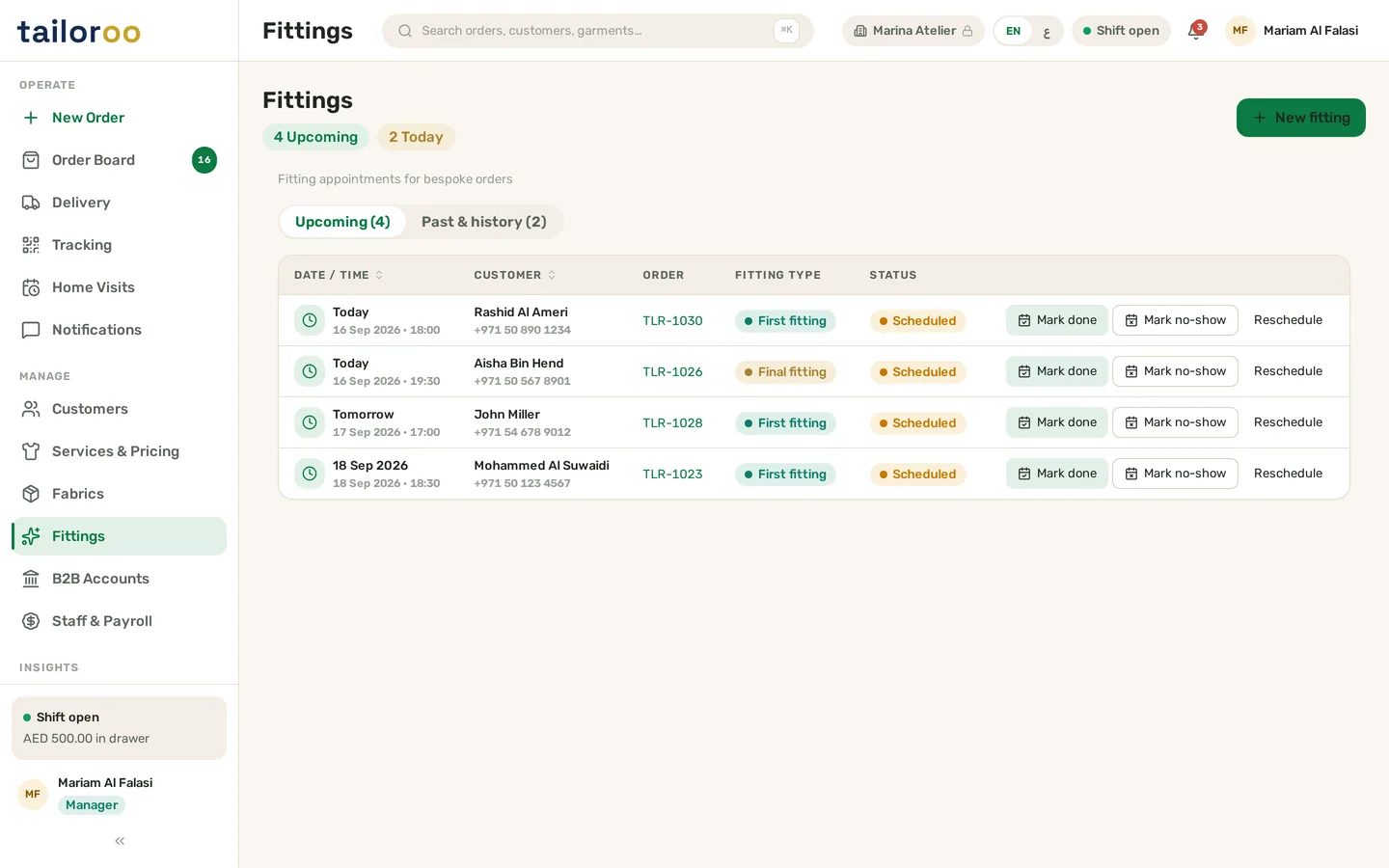 Tailoroo Fittings page showing upcoming fitting appointments with customer names, first and final fitting types, and done, no-show and reschedule actions
