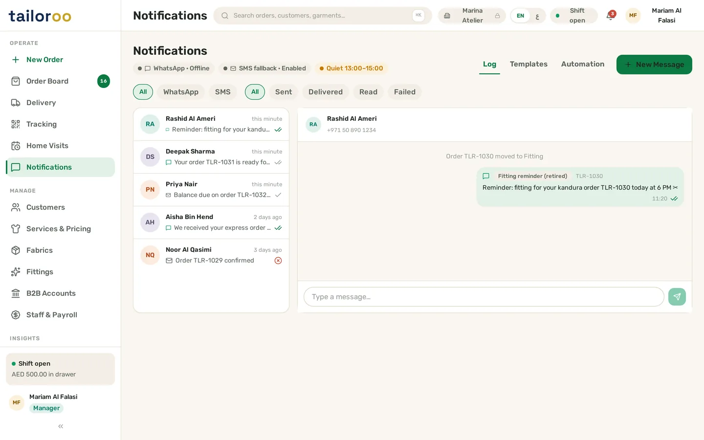 Tailoroo notification center showing templated WhatsApp and SMS tailoring order updates in English and Arabic, each logged against its TLR- ticket