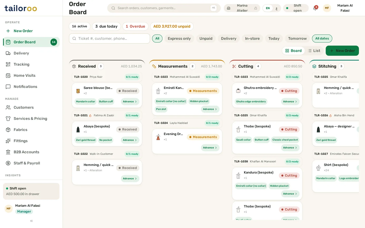 Tailoroo live order board grouping open tailoring orders by production stage — Received, Cutting, Stitching, Finishing, Fitting and Ready columns