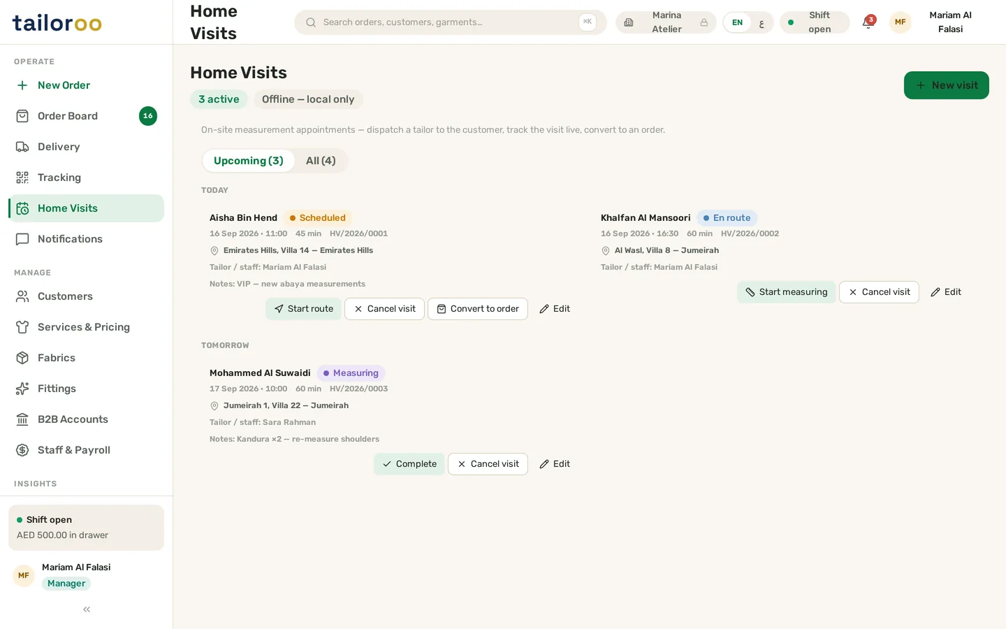 Tailoroo Home Visits page showing scheduled tailor visits to customer homes and offices for taking measurements, each linked to a customer and order